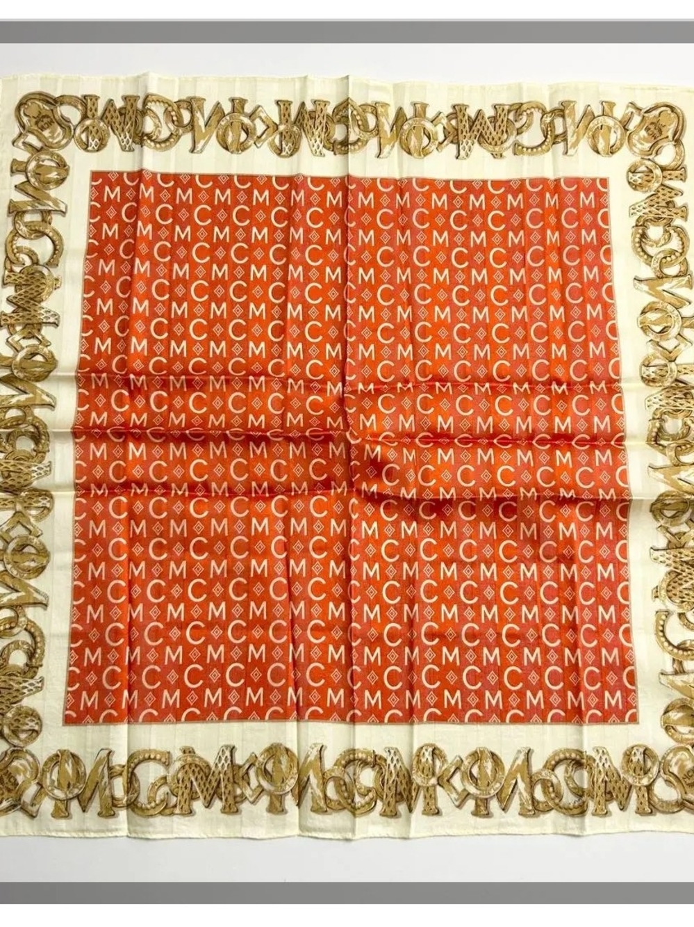 MCM Orange and Cream Monogram Scarf with Gold Chain Border